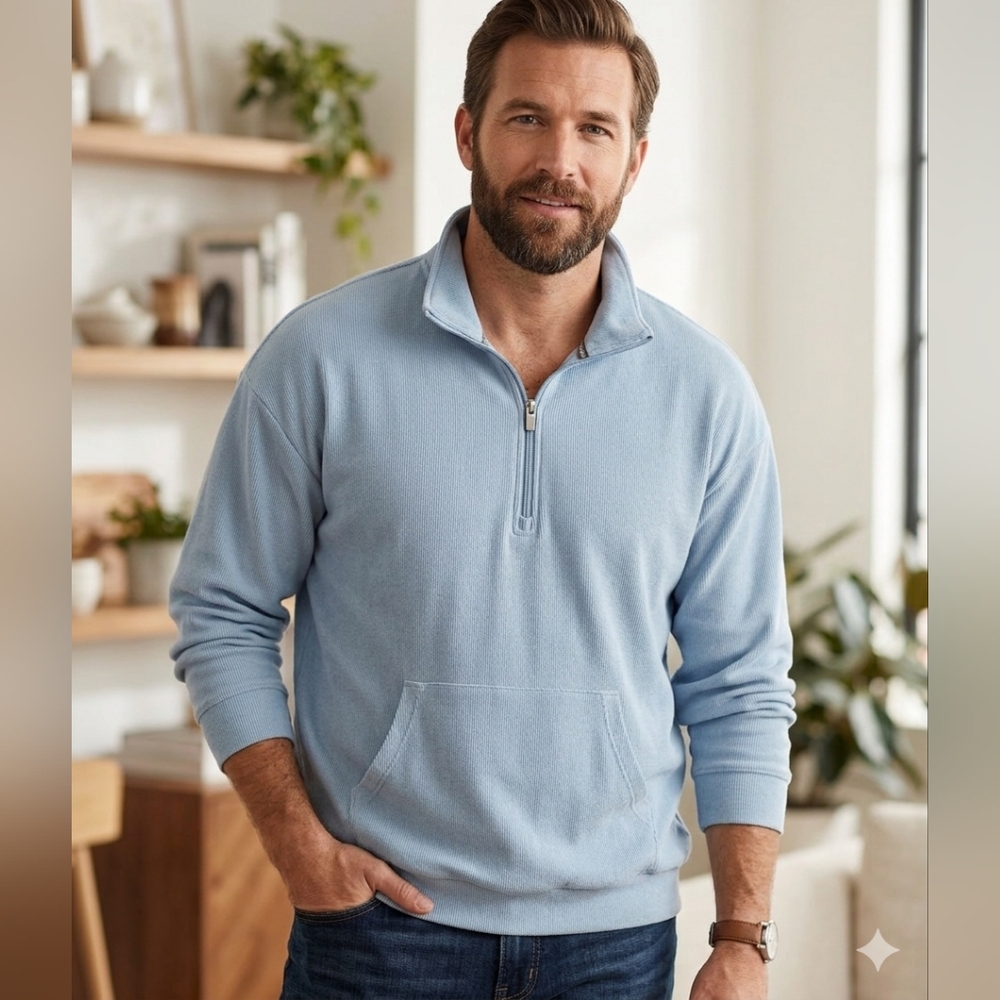 Marc New York Ribbed Quarter Zip Pullover Sweatshirt Stillwater Blue Boho Soft